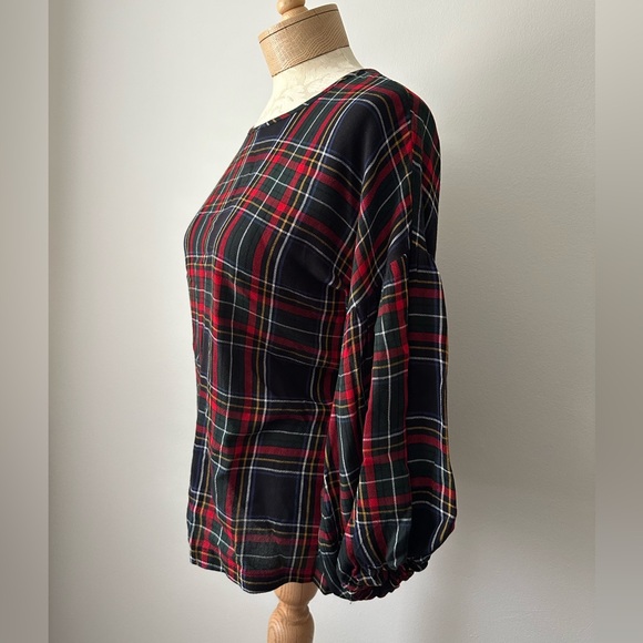 Loft Plaid Button Back Balloon Long Sleeve Blouse XS - Picture 2 of 5